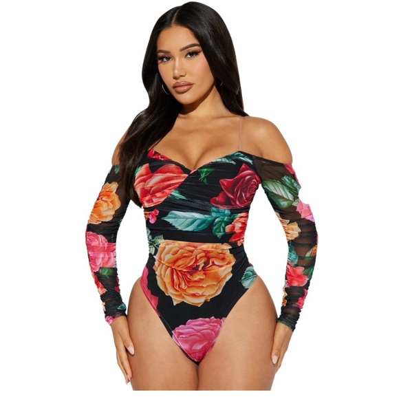 FASHION NOVA Give Me Roses Off-Shoulder Floral Mesh Bodysuit - Picture 12 of 12